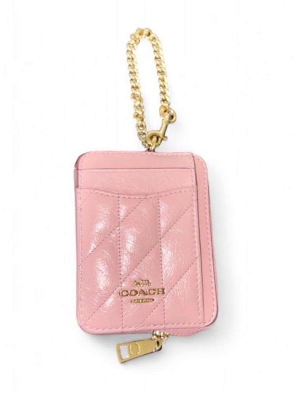Coach Pink Quilted Leather Card Holder with Gold Chain Accent